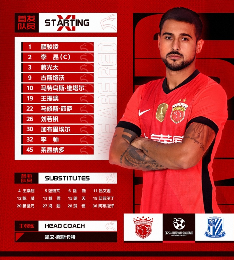  2025超級杯上海海港vs上海申花 ，今日首發(fā)名單